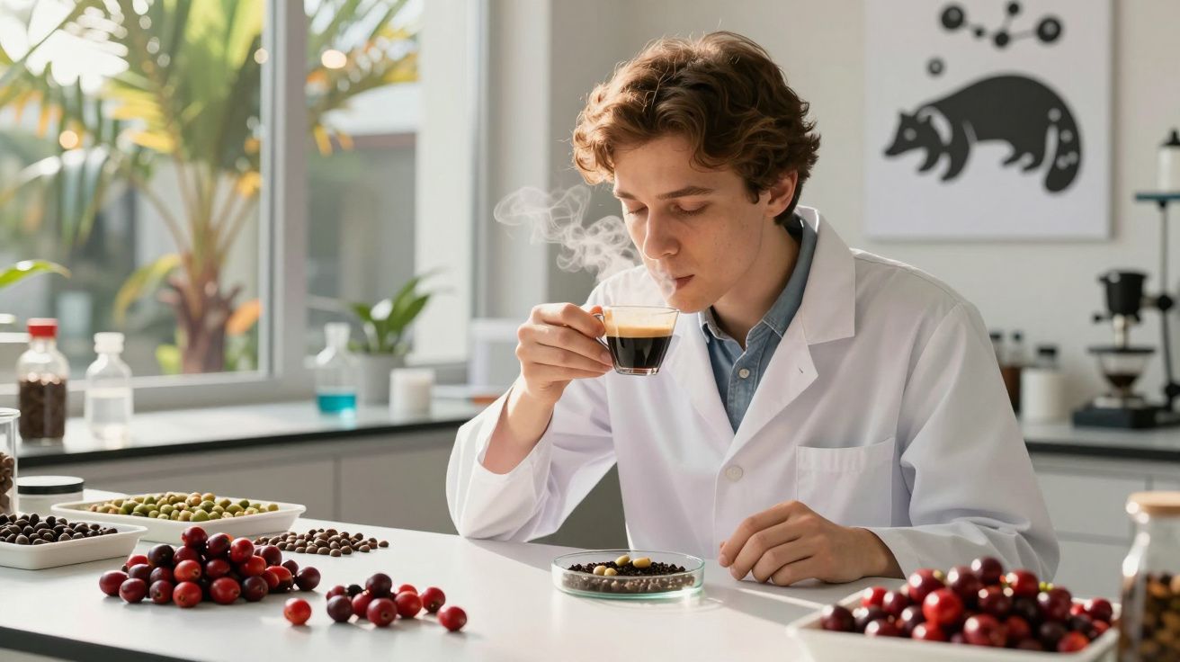Homem de bata branca cheira chávena de café quente num laboratório com frutos e grãos sobre a mesa.