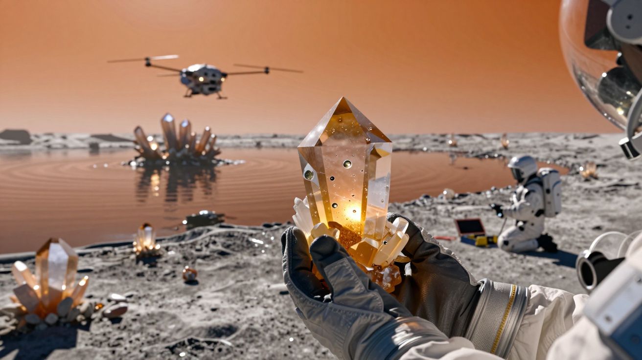Astronauta segura cristal brilhante numa paisagem lunar com outro astronauta e drone ao fundo.