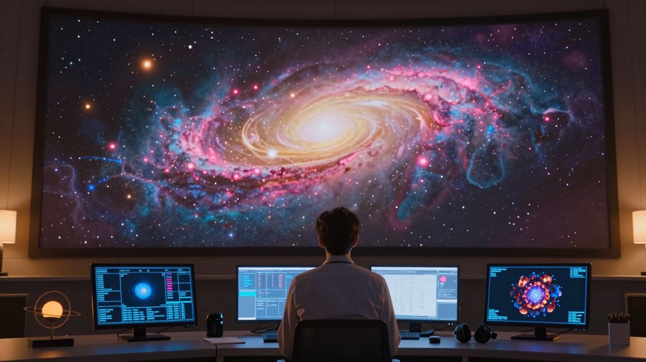 Pessoa sentada frente a vários ecrãs com imagens e dados de uma galáxia espiral projetada numa tela gigante.