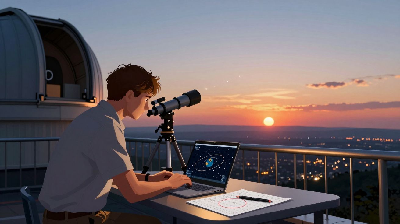 Jovem observa o pôr do sol usando telescópio e laptop com mapa planetário num terraço à noite.