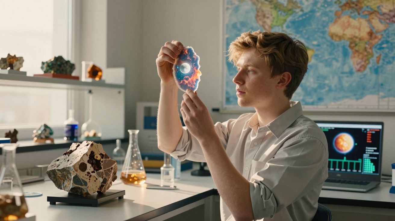 Jovem cientista analisa fóssil com mapa mundi ao fundo e laptop com gráficos abertos.