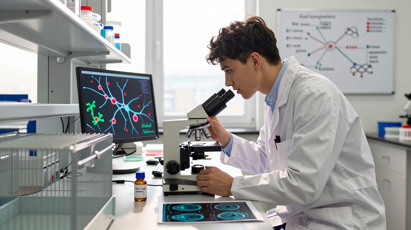 Homem jovem em bata branca a observar células num microscópio num laboratório científico moderno.