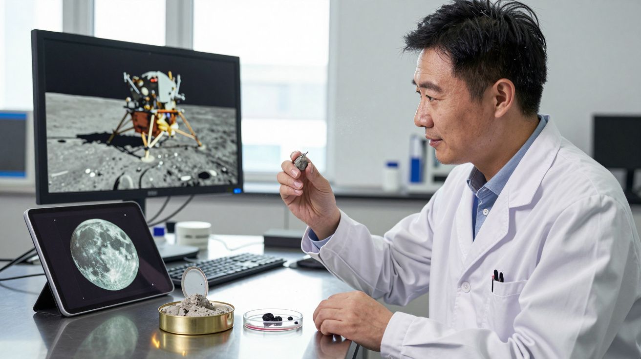 Cientista em laboratório a analisar amostras de rocha lunar com imagens da lua e modulo lunar em monitores.