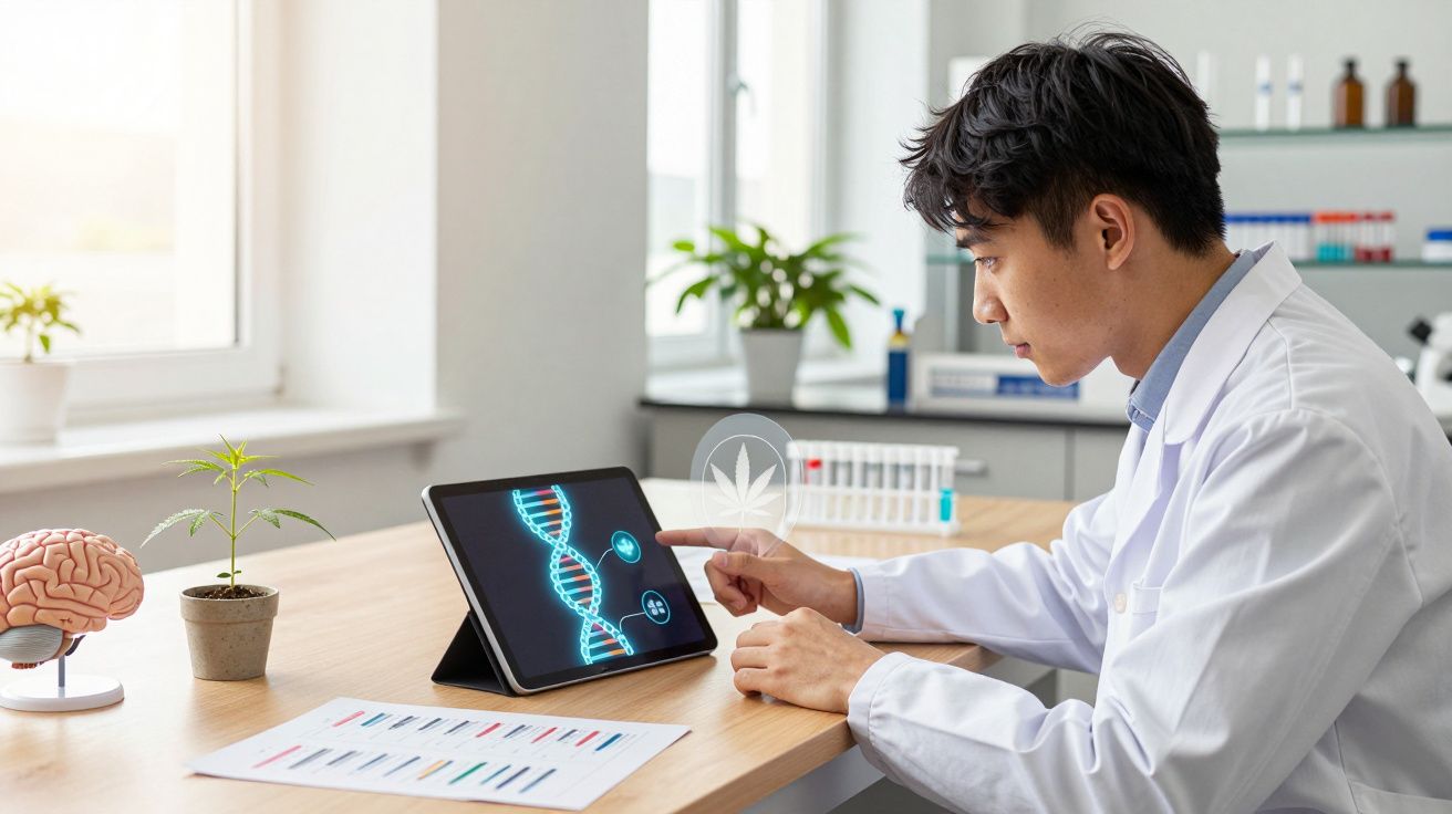 Cientista em bata branca analisa imagem digital de cadeia de ADN num tablet, com modelo de cérebro e planta ao lado.