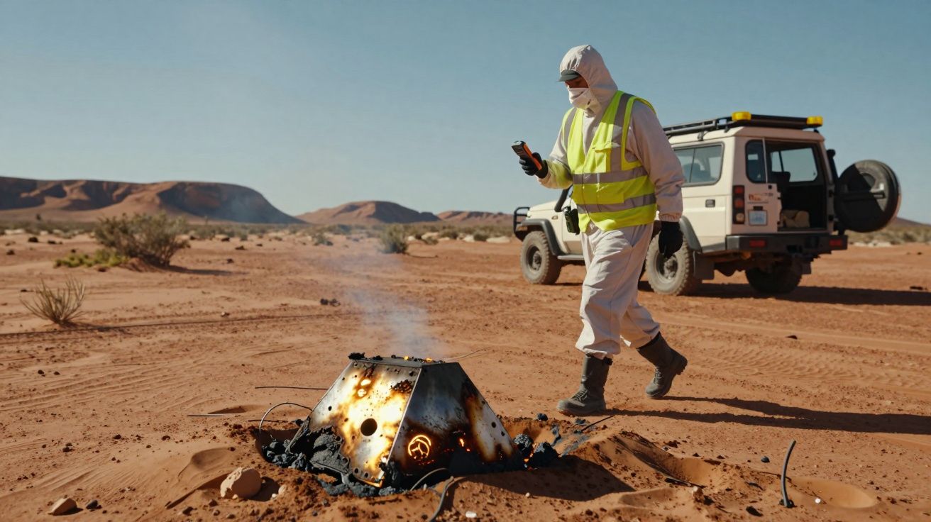 Pessoa de equipamento protetor inspeciona objeto queimado no deserto com veículo ao fundo.