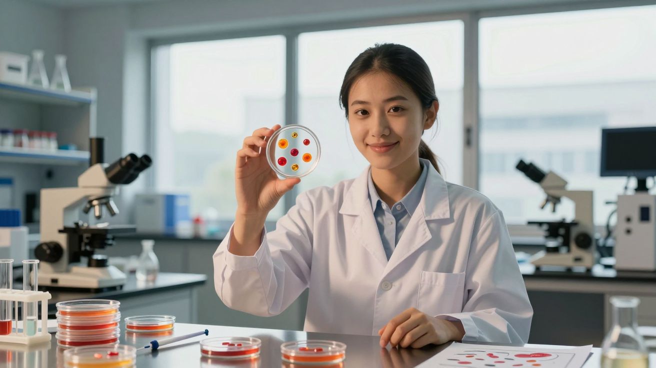 Cientista em laboratório a analisar placa de Petri com culturas coloridas à sua frente.
