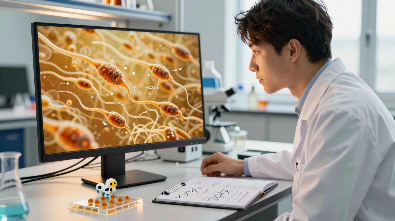 Cientista em laboratório a analisar imagem digital de bactérias ou células num ecrã de computador.
