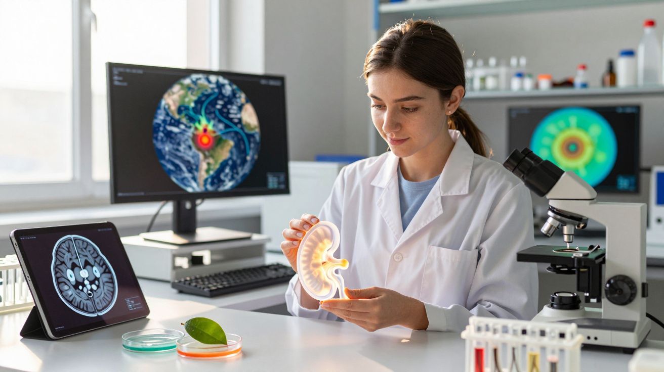 Cientista de bata branca analisa modelo tridimensional de rim num laboratório com equipamentos científicos.