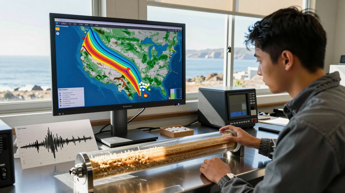 Homem analisa dados sísmicos num laboratório com gráficos e mapa colorido na tela do computador.