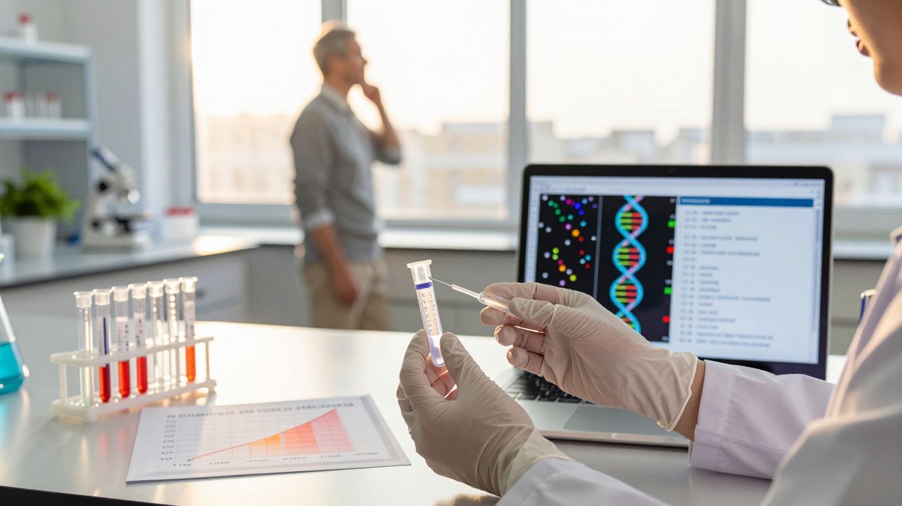 Mãos com luvas a segurarem amostra para análise genética, homem ao fundo e computador com dados genéticos.