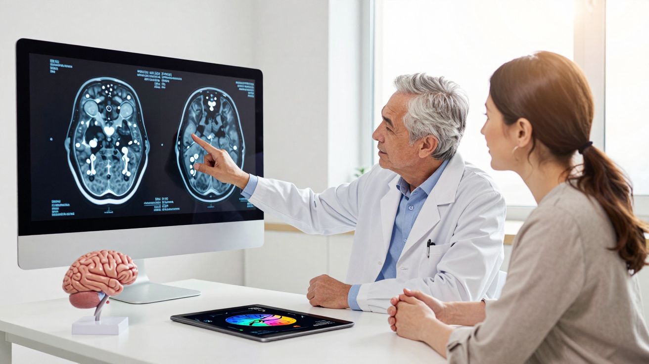 Médico a explicar exames cerebrais a paciente, com imagens de ressonância magnética no ecrã e modelo de cérebro na mesa.