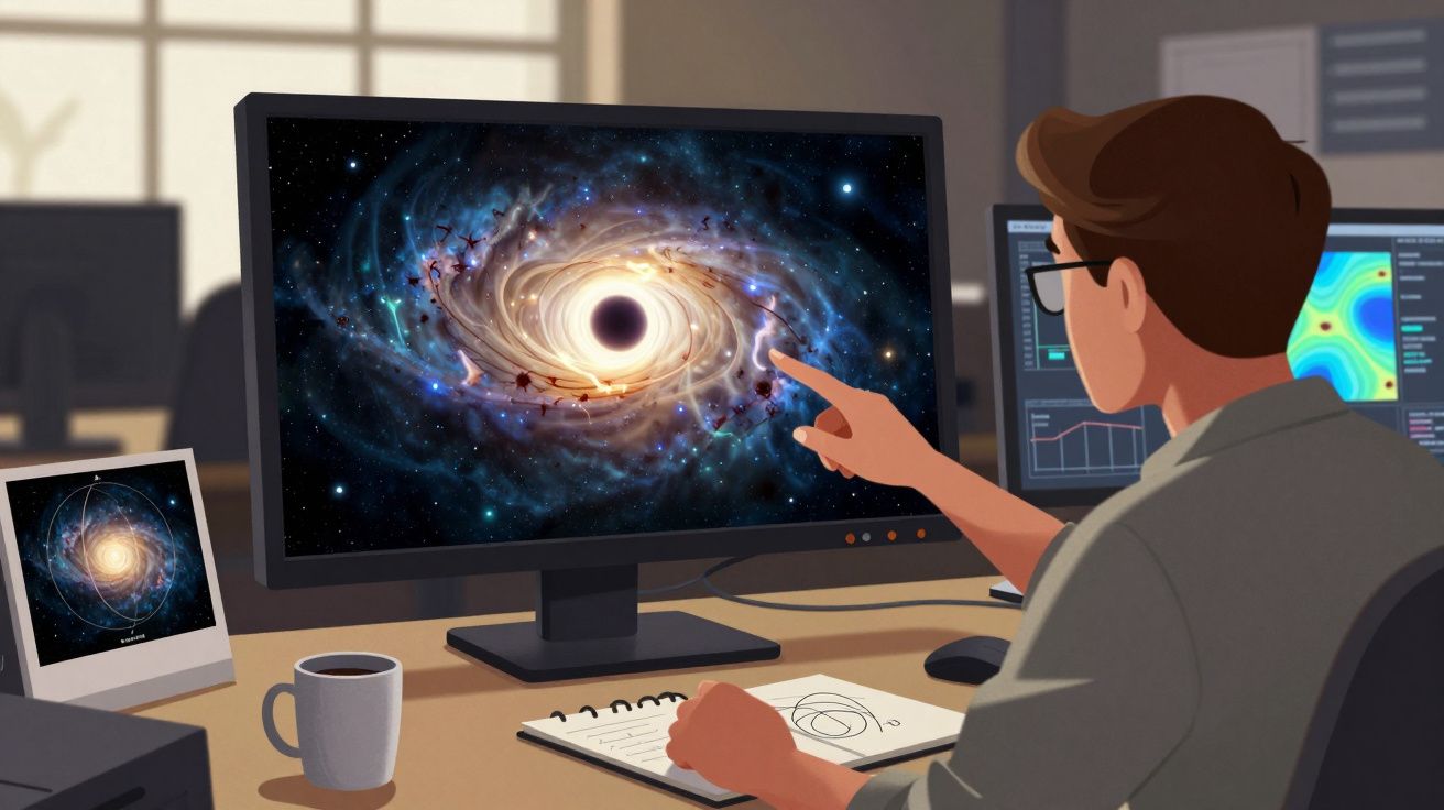 Homem a analisar imagem de buraco negro e galáxia numa secretária com caderno, chávena e várias máquinas.
