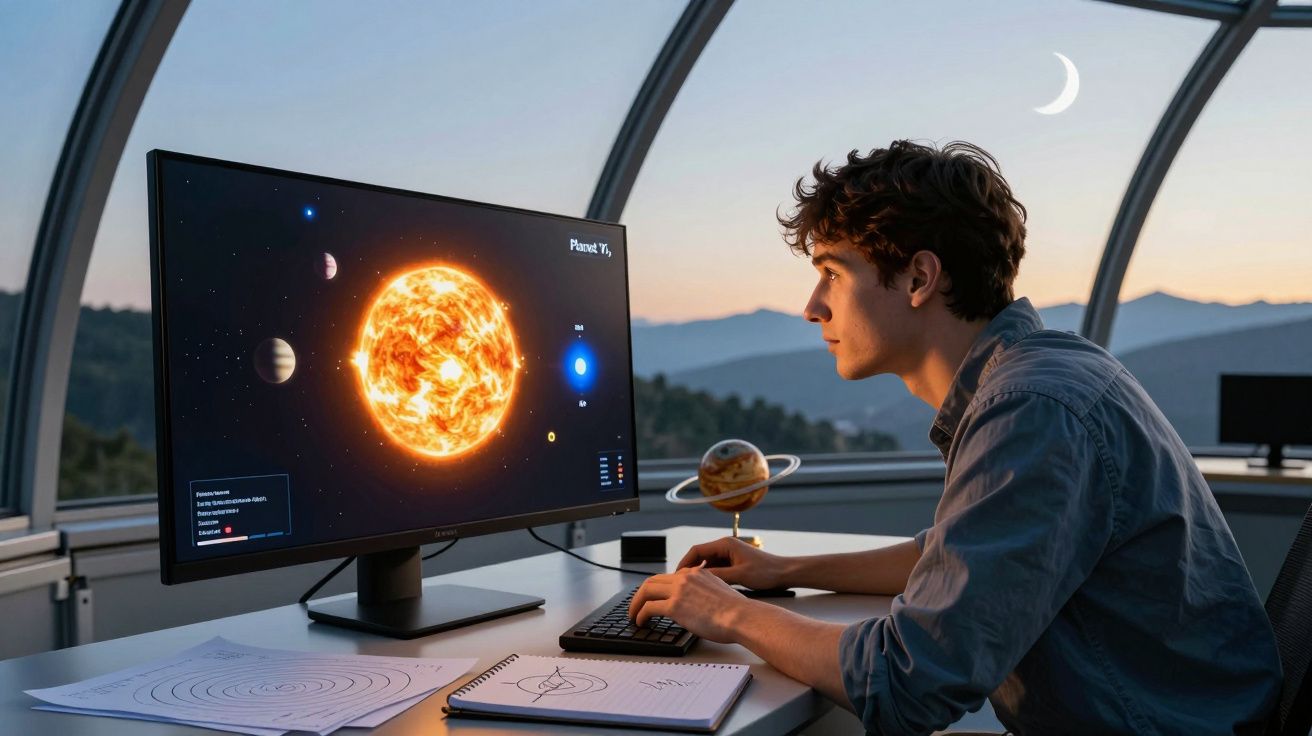 Jovem observa simulação do sistema solar num computador dentro de um observatório com vista para montanhas ao pôr do sol.