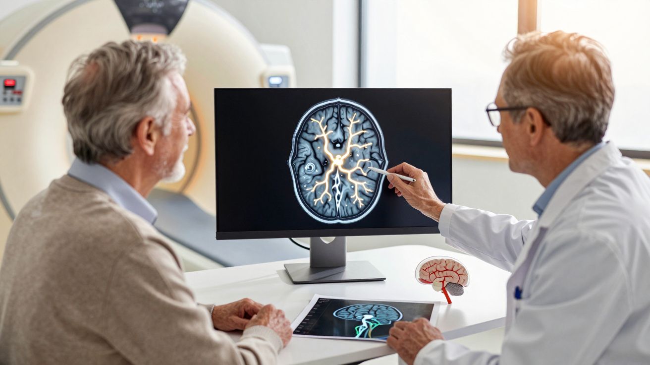 Médico explica tomografia cerebral a paciente idoso numa consulta num consultório moderno.