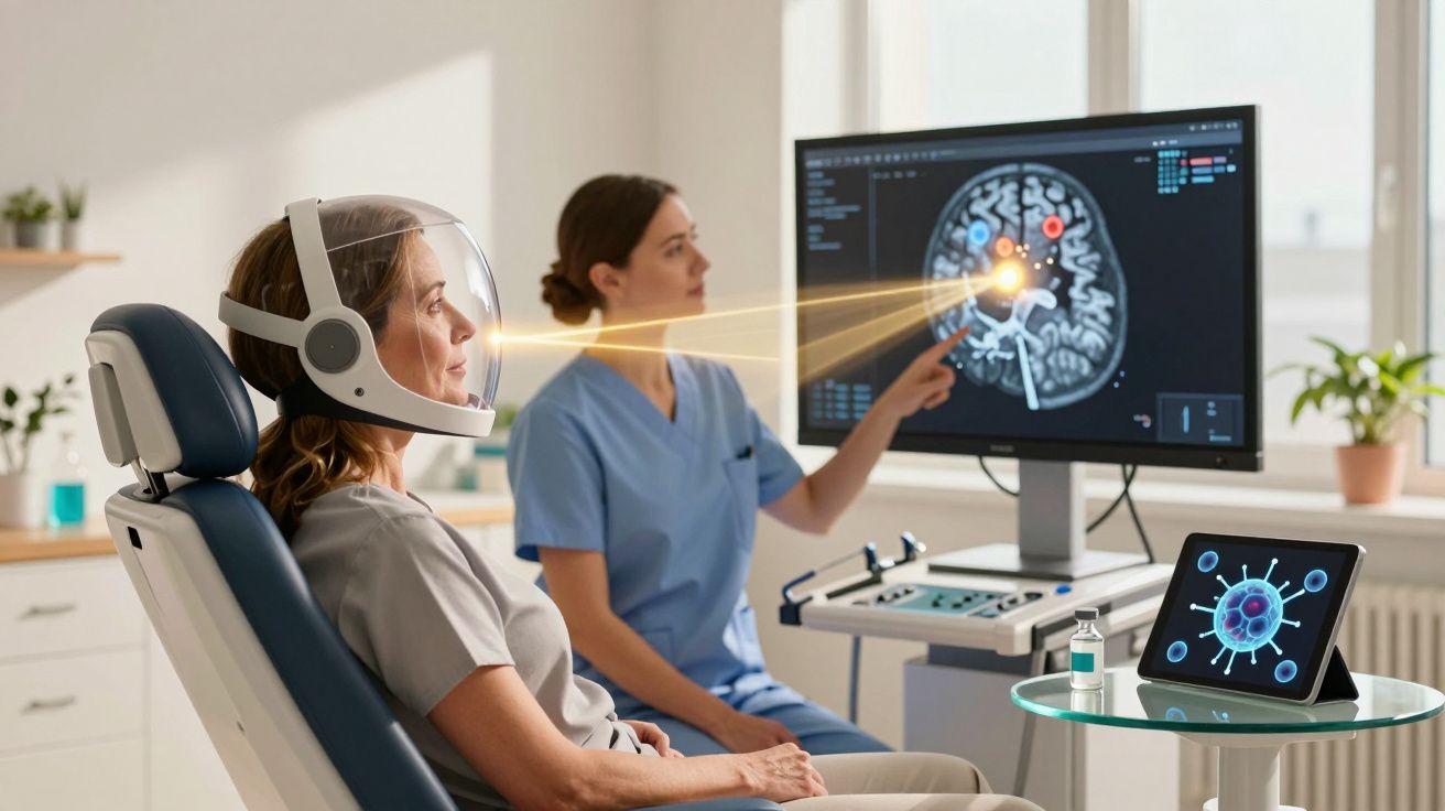 Paciente usa capacete tecnológico enquanto médica examina imagem 3D do cérebro num ecrã digital.