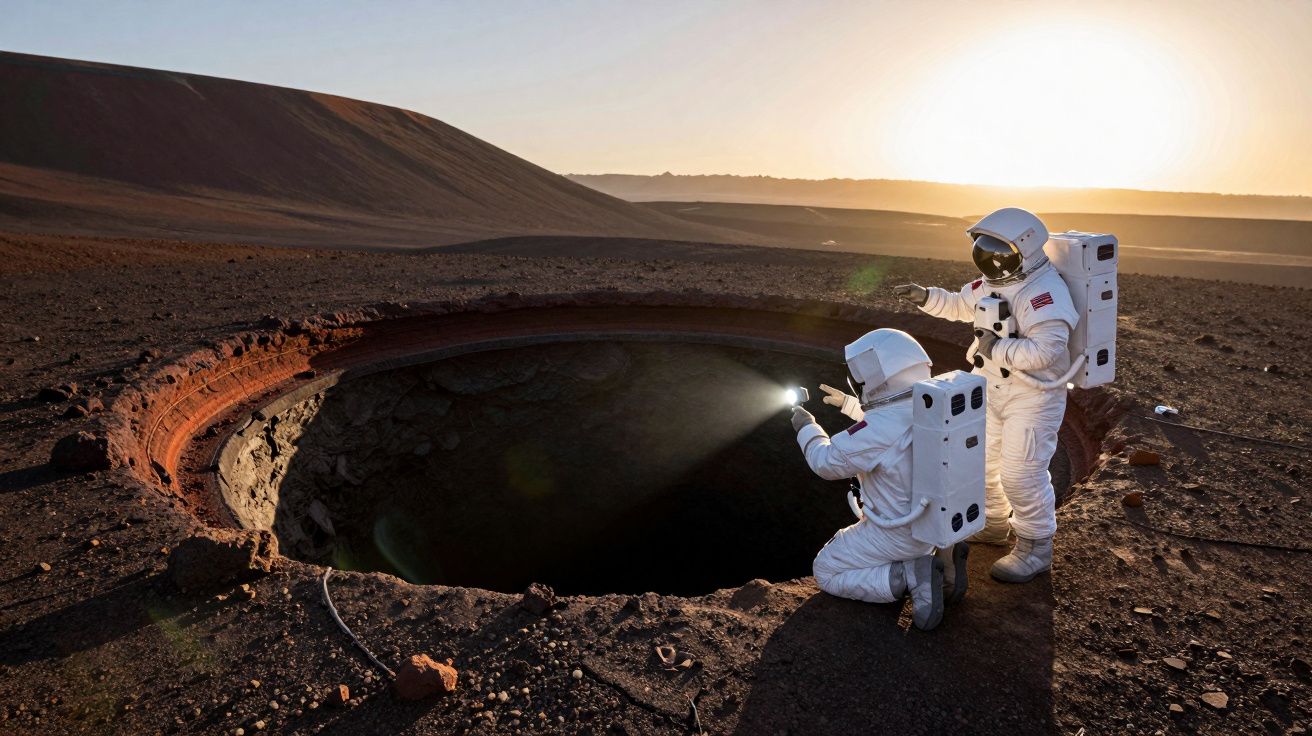 Dois astronautas exploram com lanternas um grande buraco escuro numa paisagem árida e montanhosa ao pôr do sol.