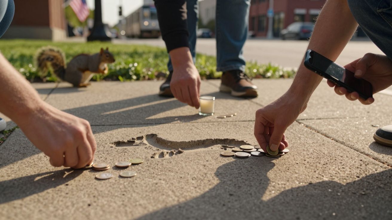 Três pessoas colocam moedas junto a uma pegada gigante gravada no chão de cimento ao ar livre.