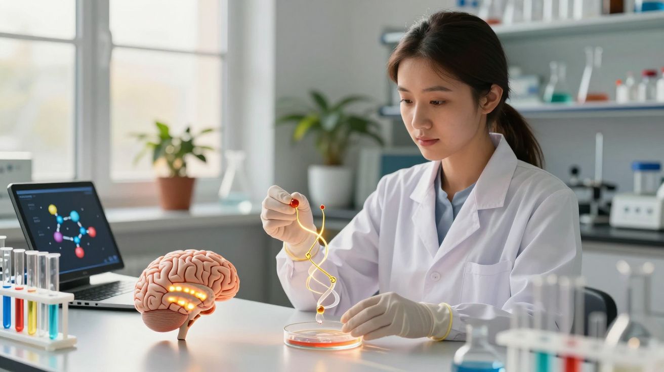 Cientista feminina em laboratório com modelo de cérebro, ADN e tubos de ensaio coloridos.