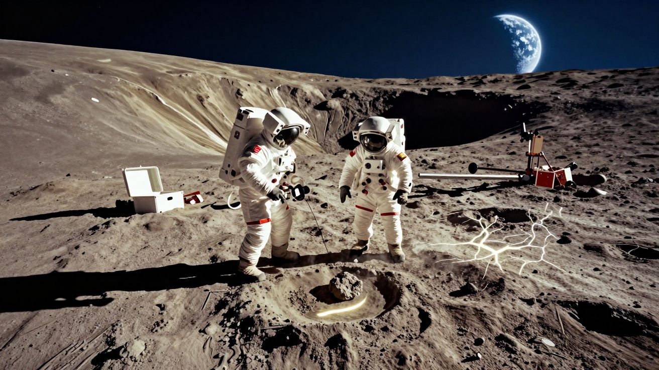 Dois astronautas exploram a superfície lunar com a Terra visível no horizonte escuro do espaço.