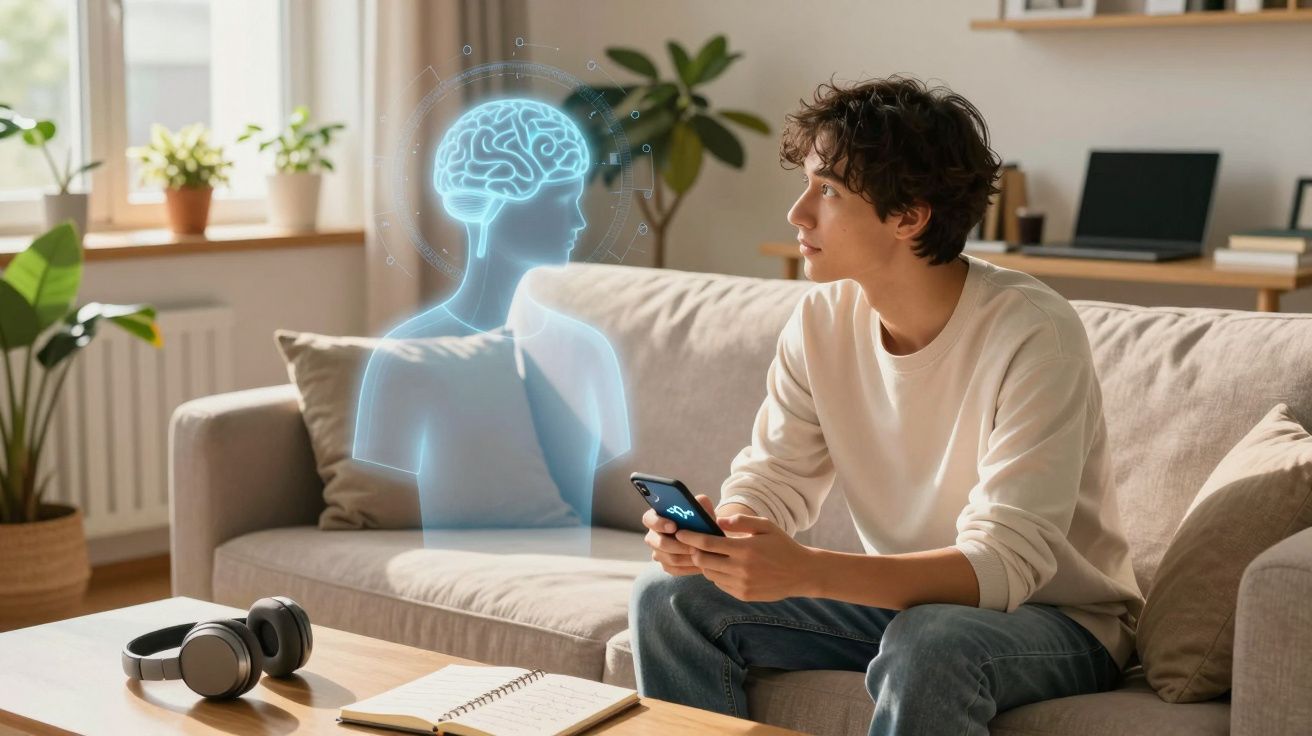 Jovem sentado no sofá a olhar para holograma de cérebro humano, com telemóvel na mão.