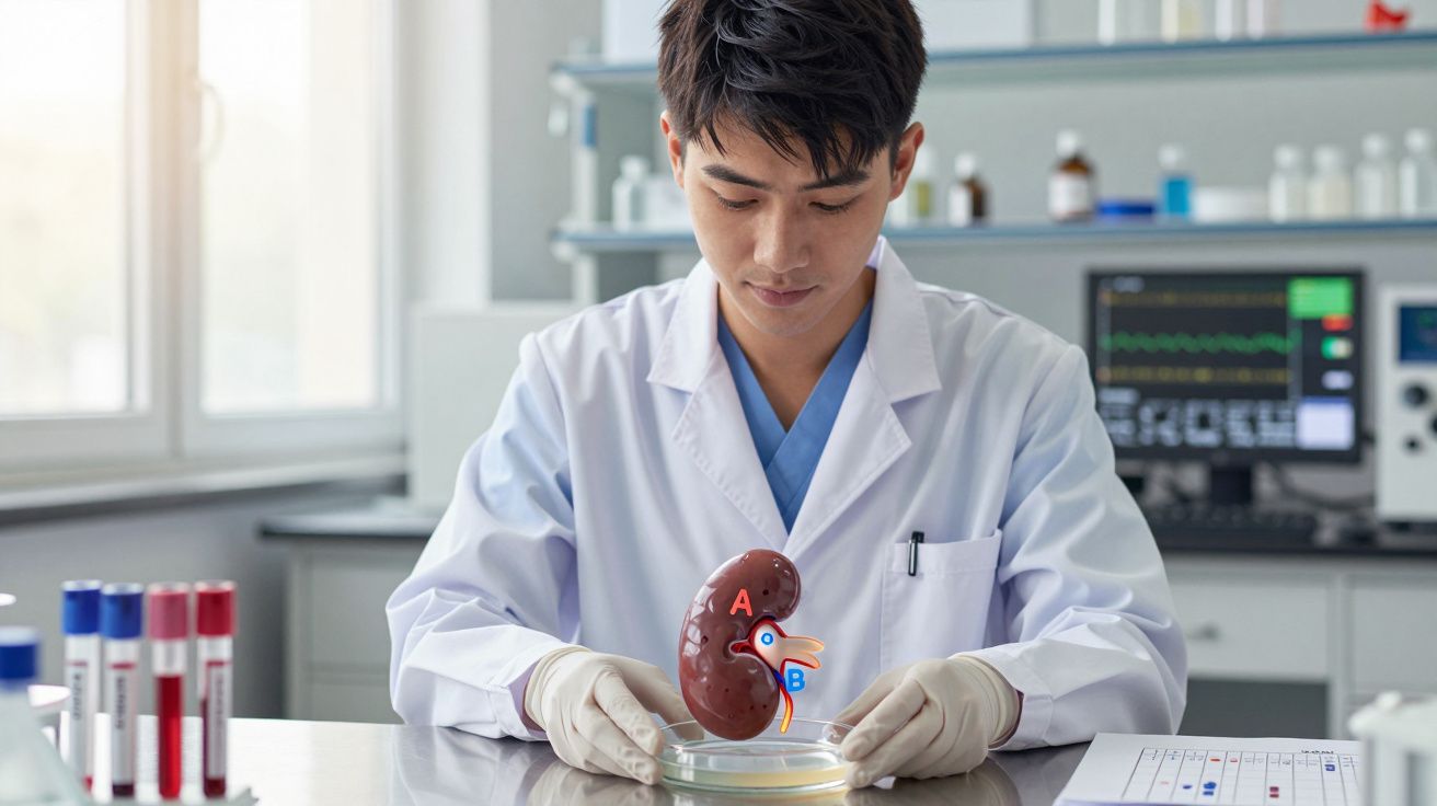 Investigador em bata branca examina modelo anatómico de rim numa placa de Petri num laboratório.