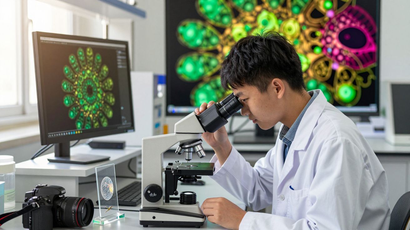 Cientista a observar amostra num microscópio em laboratório com imagens coloridas de células no ecrã.