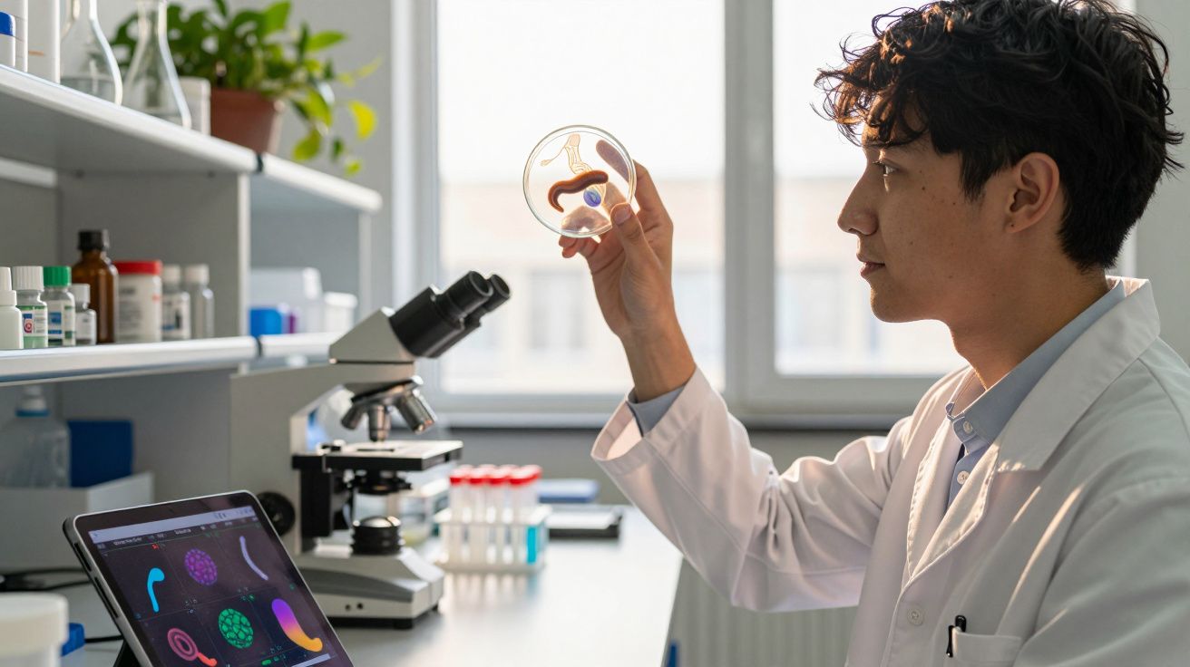 Cientista em laboratório observa amostra em placa de Petri com microscópio e tablet na mesa.