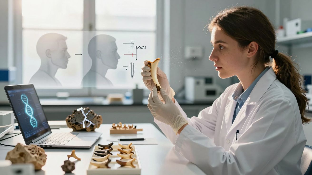 Cientista em laboratório analisa ossos de mandíbula enquanto computador exibe estrutura de ADN.