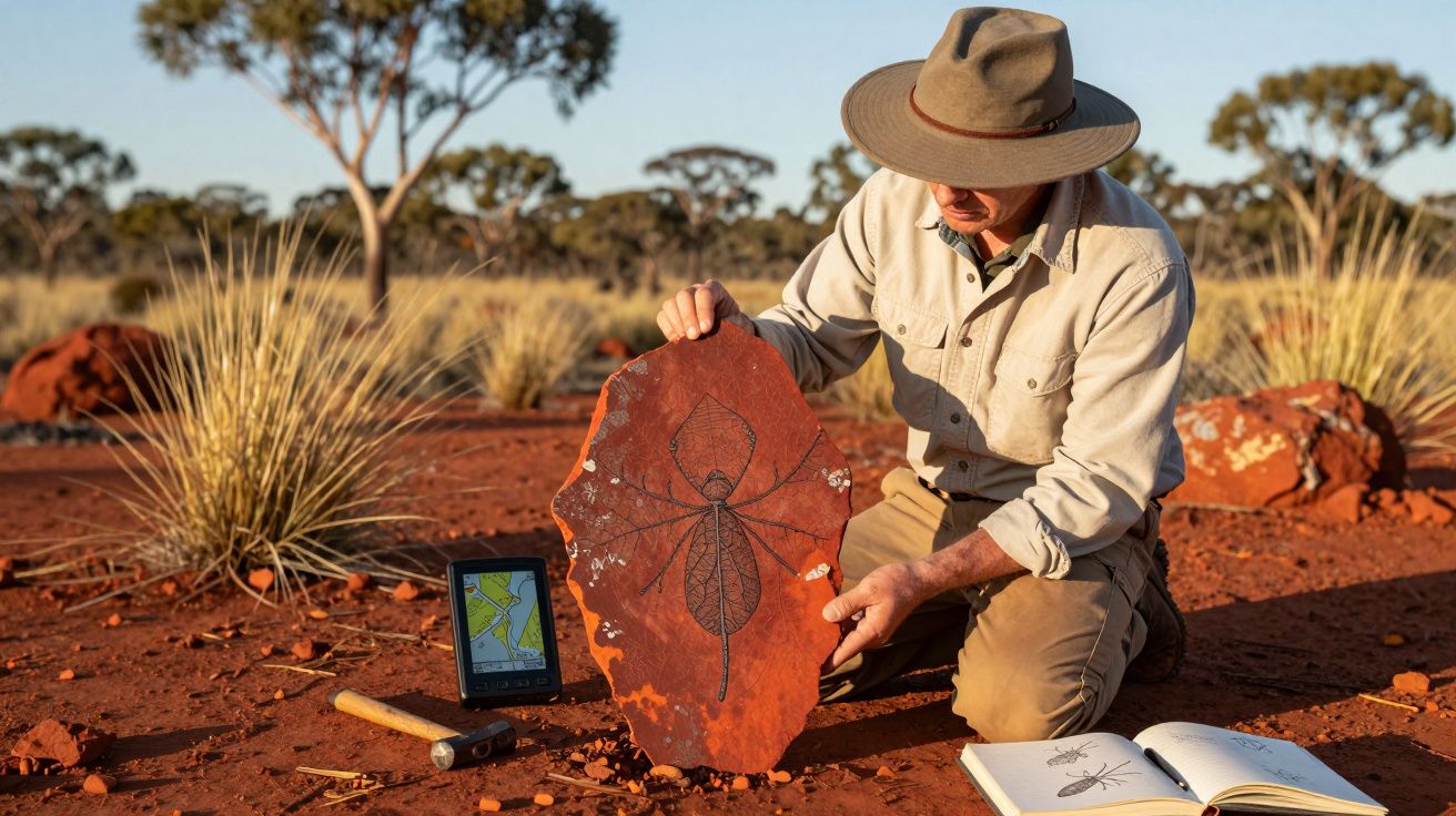 Homem com chapéu mostra fóssil grande de inseto no deserto, rodeado por ferramentas e livro aberto.