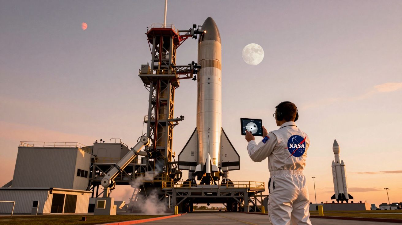 Funcionário da NASA com tablet observa foguetão na plataforma de lançamento ao pôr do sol.