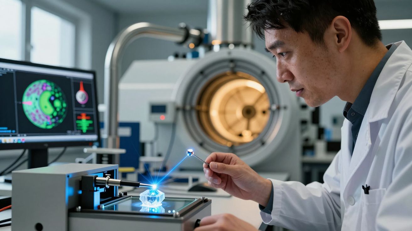 Cientista em laboratório a analisar cristal com equipamento avançado e imagens no computador.