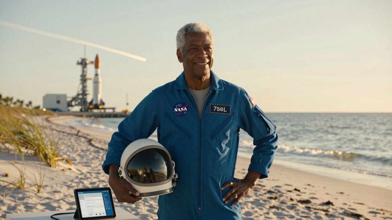 Astronauta de cabelos brancos vestido com fato azul da NASA segura capacete e sorri junto à praia e foguetão.