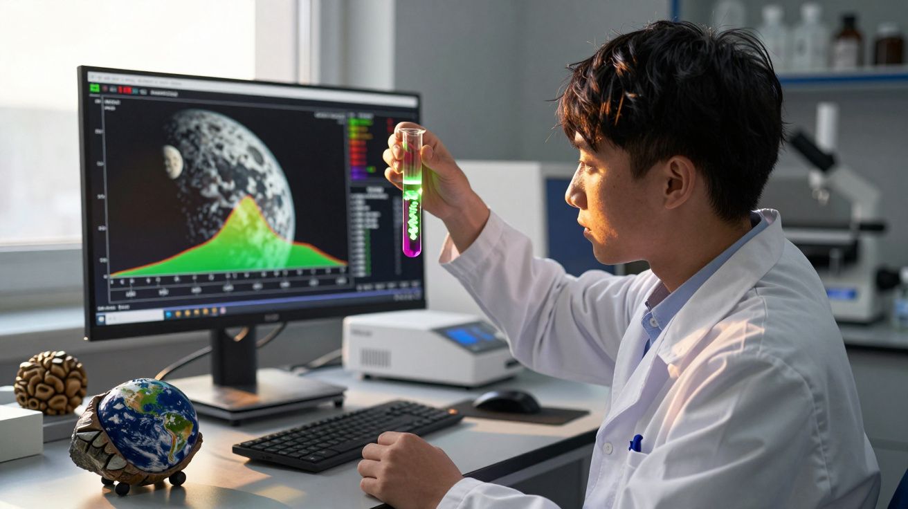 Cientista analisa tubo de ensaio com líquido colorido diante de computador com imagem da lua e gráfico.