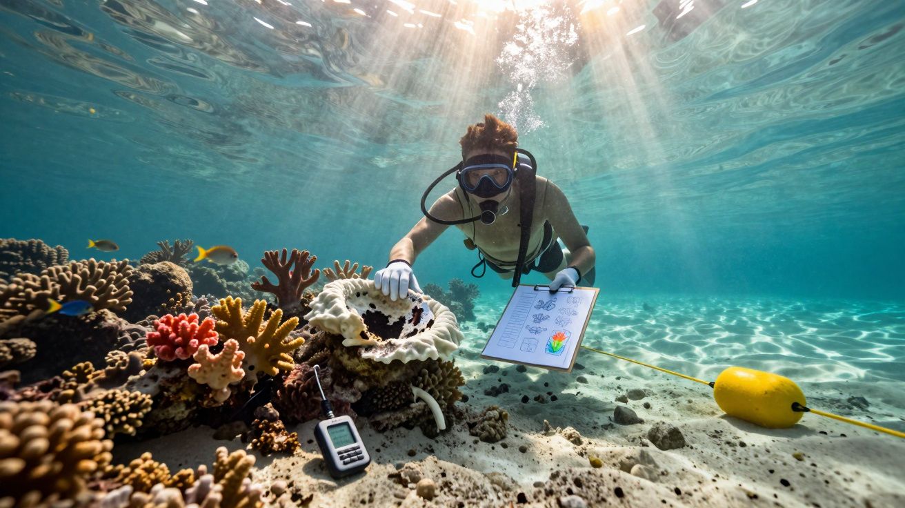 Mergulhador a inspecionar coral e a fazer registos numa prancha subaquática num recife iluminado pelo sol.