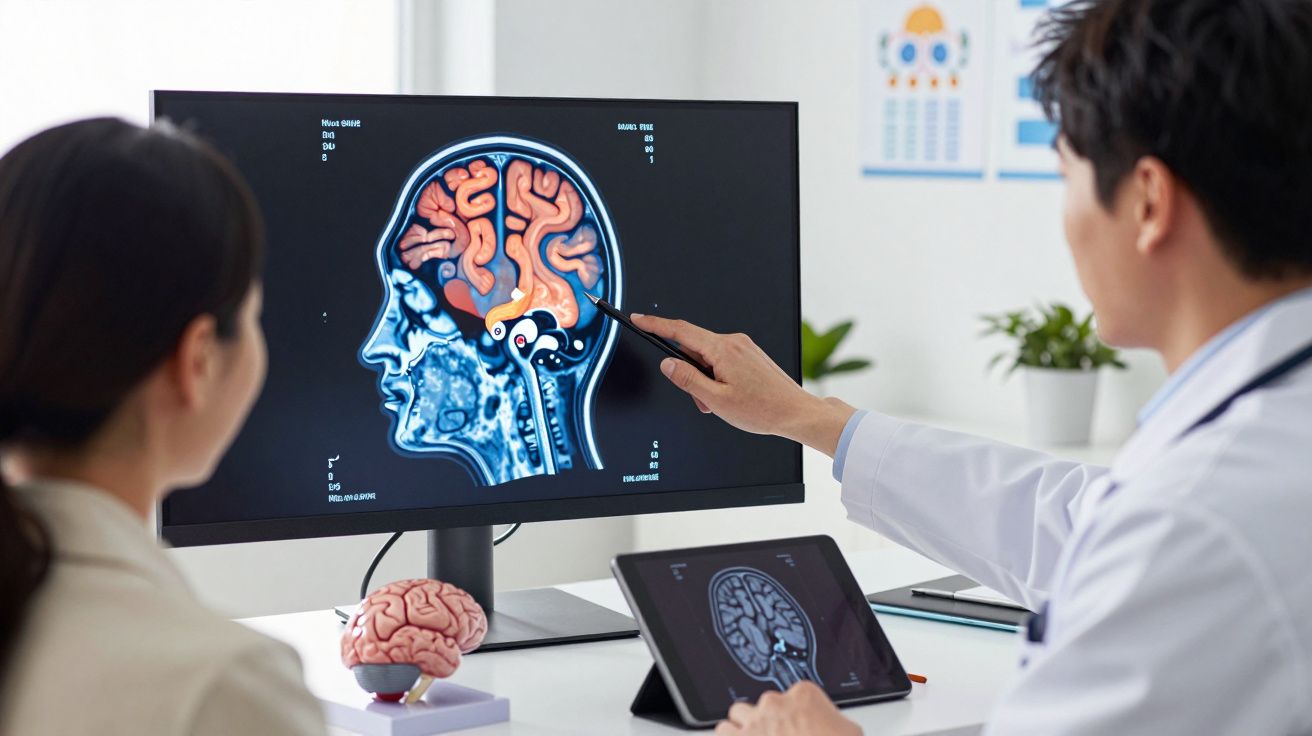 Médico explica exame cerebral em ecrã a paciente, com modelo anatómico de cérebro na mesa.