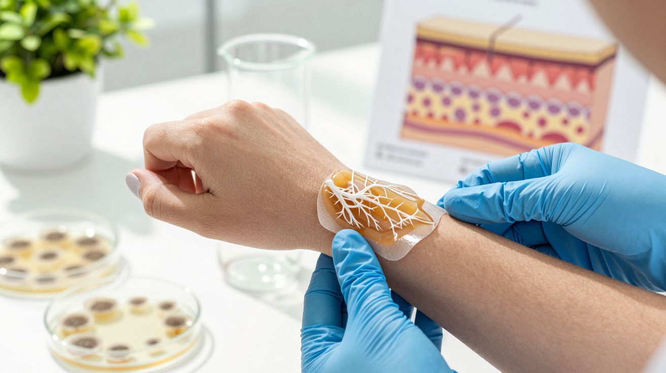 Pessoa com pele clara a aplicar após um adesivo transparente com nervos simulados num braço, em ambiente laboratorial.