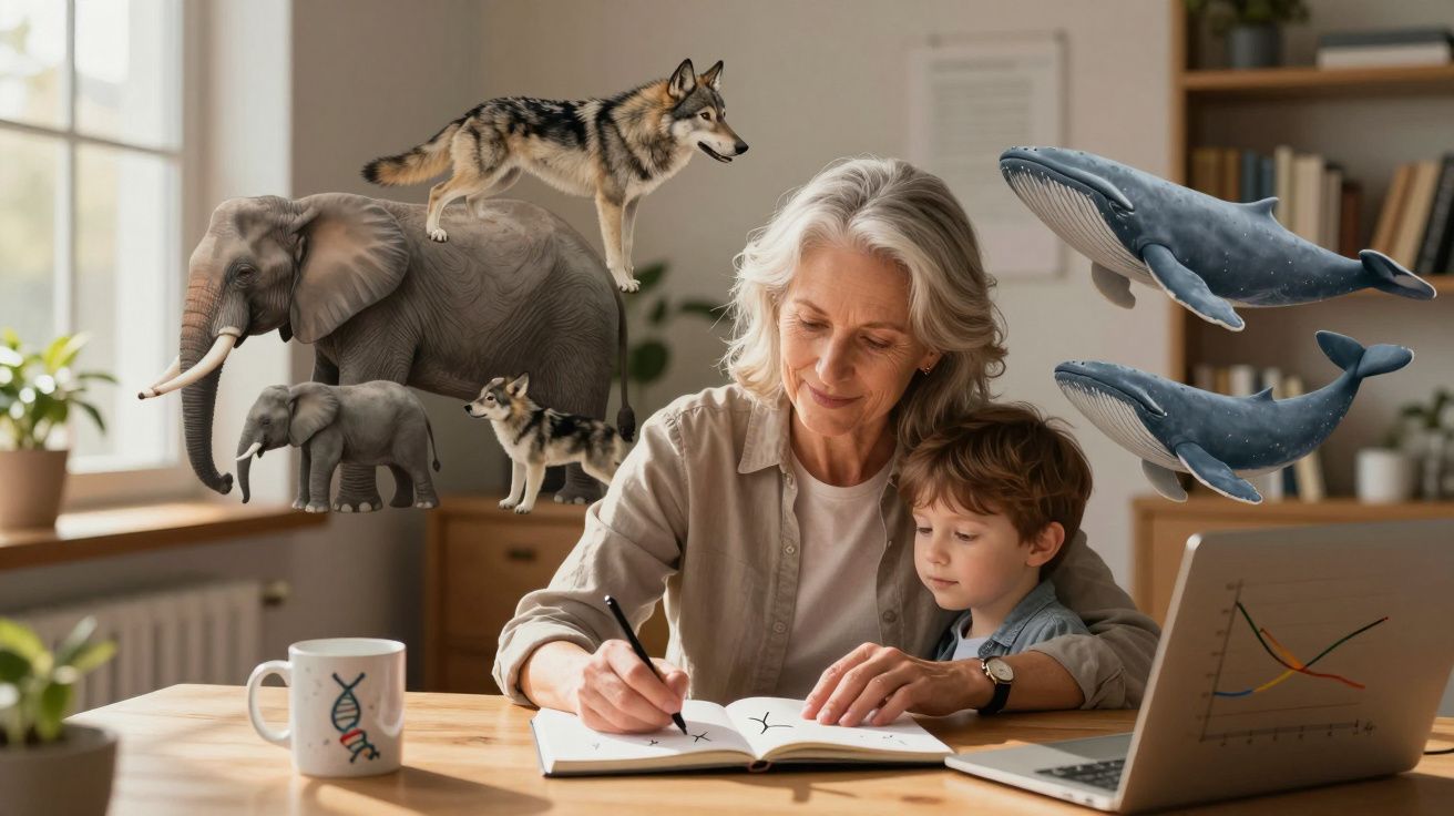 Mulher idosa e criança desenham animais virtuais enquanto estudam numa mesa com computador portátil.