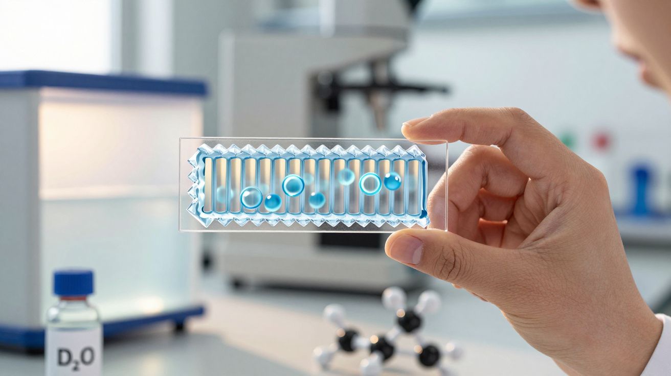 Mão segura microfluídico com bolhas azuis em laboratório, com microscópio e frasco D2O ao fundo.