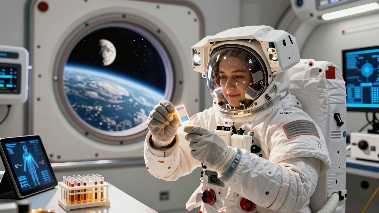 Astronauta em fato espacial a analisar amostra na estação espacial com vista da Terra e da Lua pela janela.