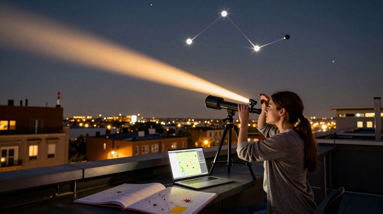 Mulher observa estrelas com telescópio durante a noite numa varanda, com livro e computador aberto ao lado.