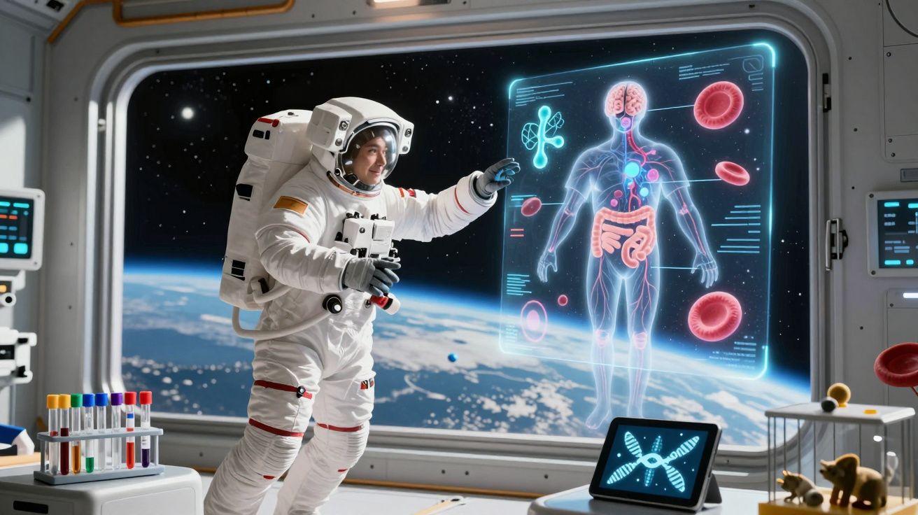 Astronauta em gravidade zero interage com holograma do corpo humano numa estação espacial.