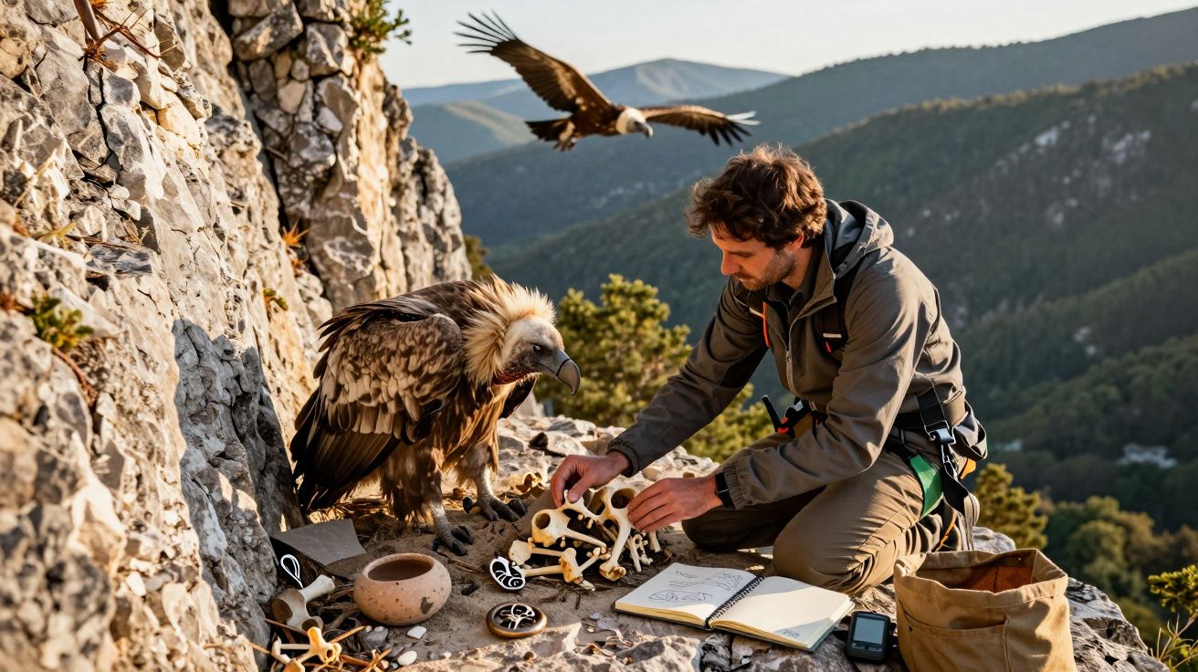 Homem a estudar ossos de aves junto a urubu em falésia com montanhas ao fundo.