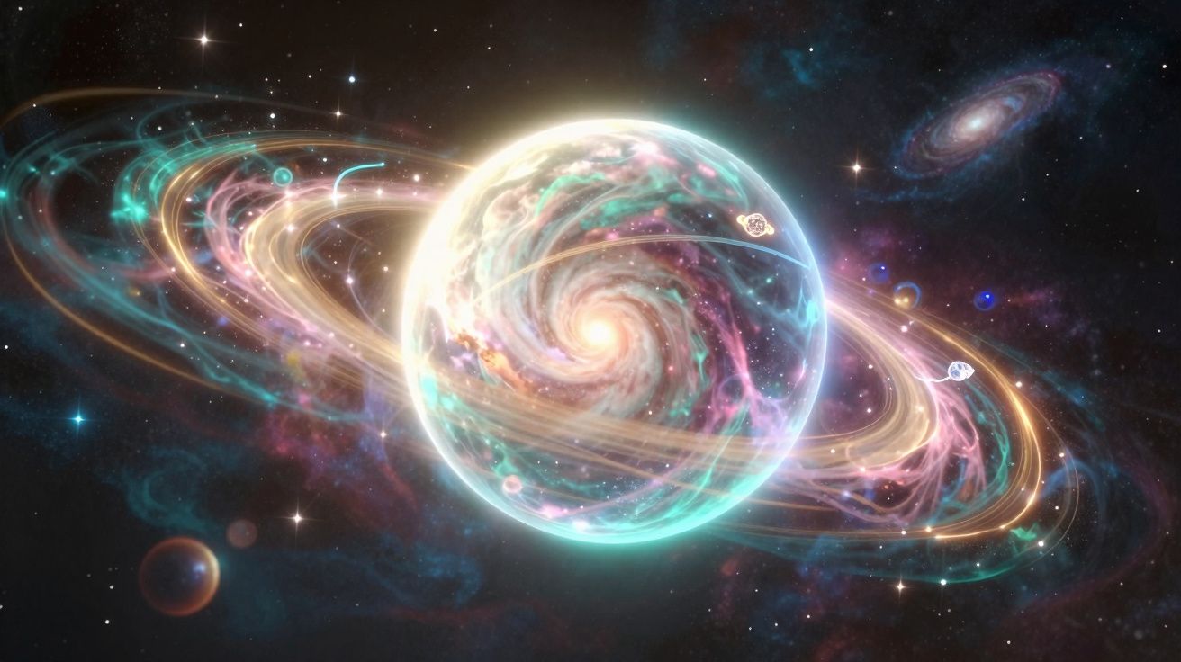 Planeta iluminado com anéis coloridos e galáxias no espaço estrelado.