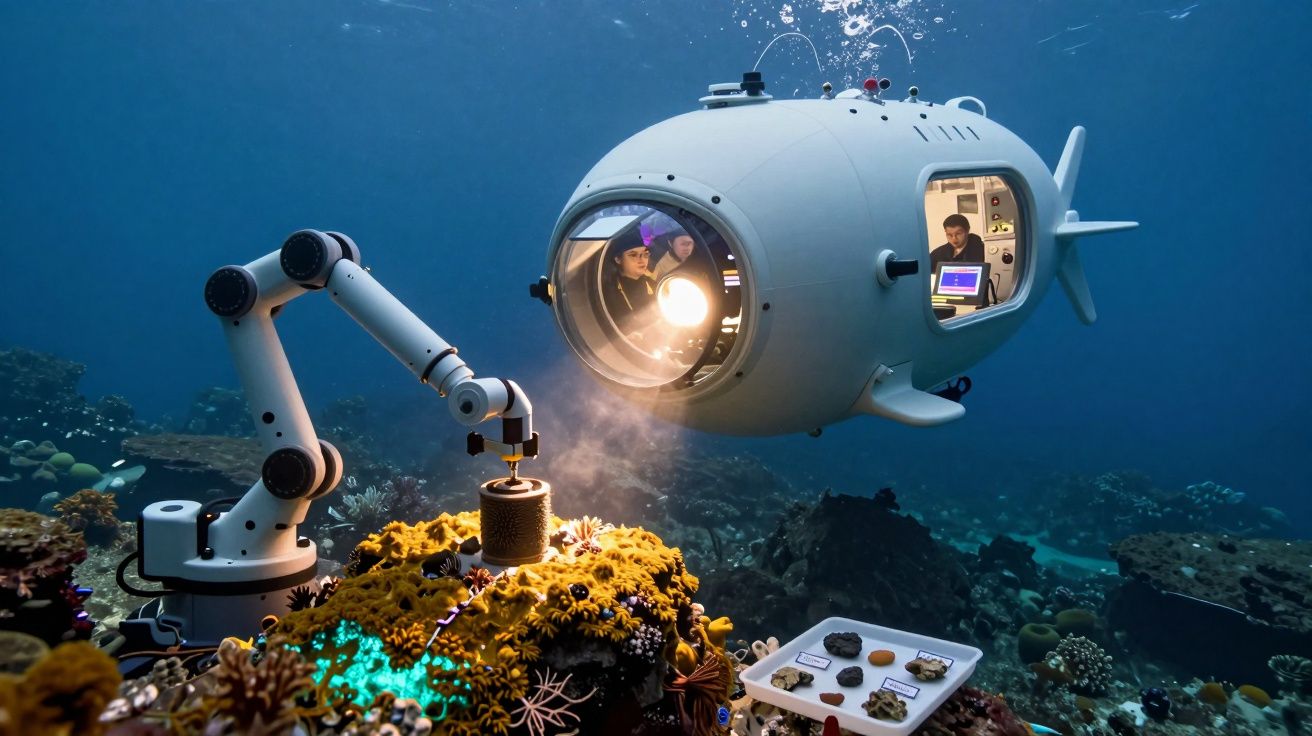Submarino pequeno com braços robóticos explora recife de coral iluminado no fundo do mar.