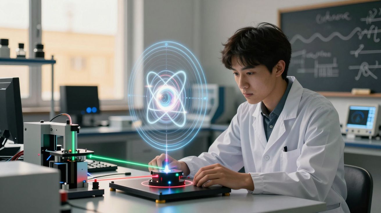 Jovem cientista em laboratório com jaleco branco manipula equipamento tecnológico com projeção holográfica de átomo azul.