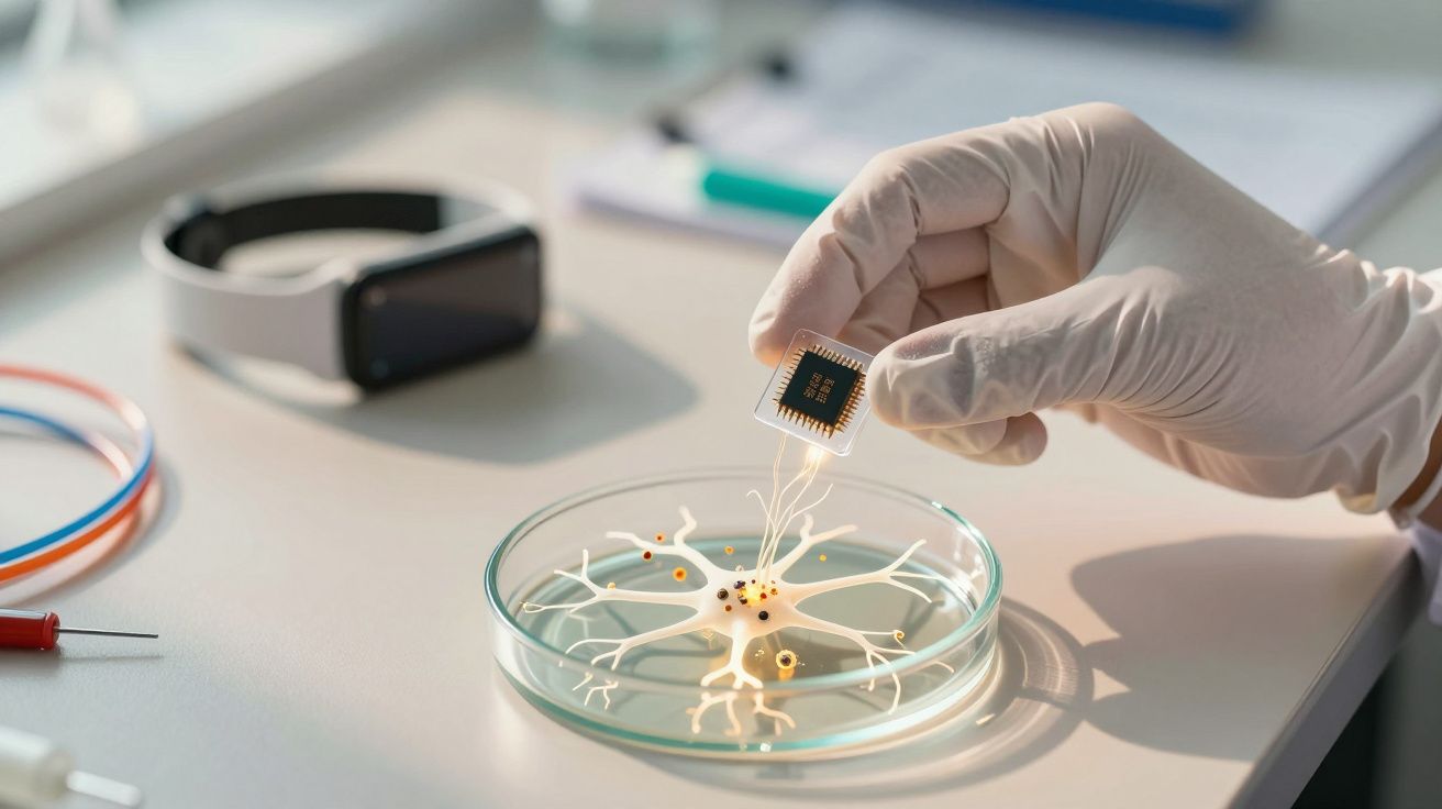 Mão com luva segurando microchip sobre placa de Petri com modelo de neurónio em laboratório tecnológico.