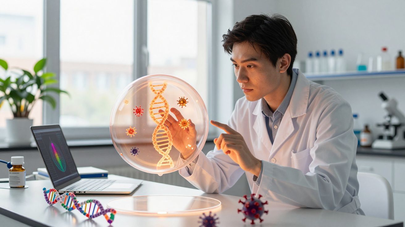 Cientista em laboratório a analisar uma representação digital de ADN e vírus num ecrã holográfico.