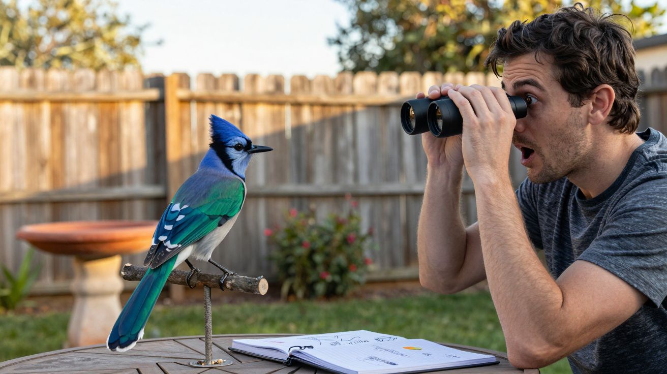 Homem observa um pássaro azul com binóculos numa mesa de jardim onde está um caderno aberto.