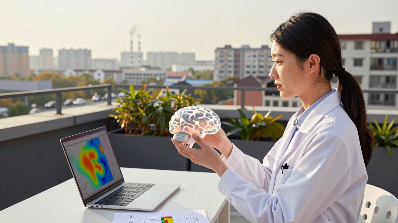 Mulher cientista em branco segura modelo translúcido de cérebro, olhando para ele, com laptop e gráficos numa varanda urbana.