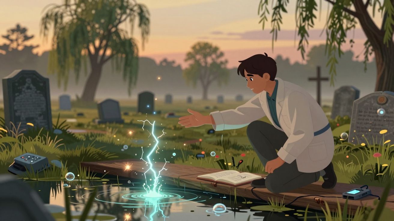 Jovem com bata branca ajoelhado junto a um lago num cemitério com livro aberto e luz mágica a surgir na água.